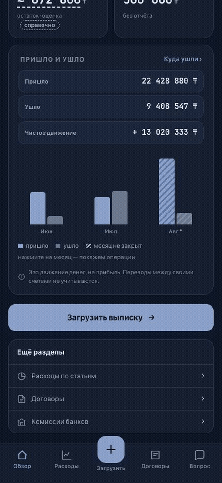 Клик по столбцу графика «Пришло и ушло» раскрывает список операций месяца